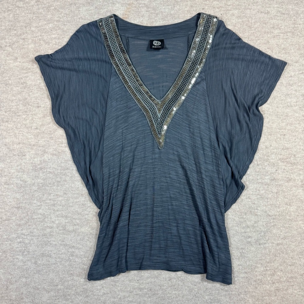 Bobeau Charcoal Embellished V-Neck Blouse